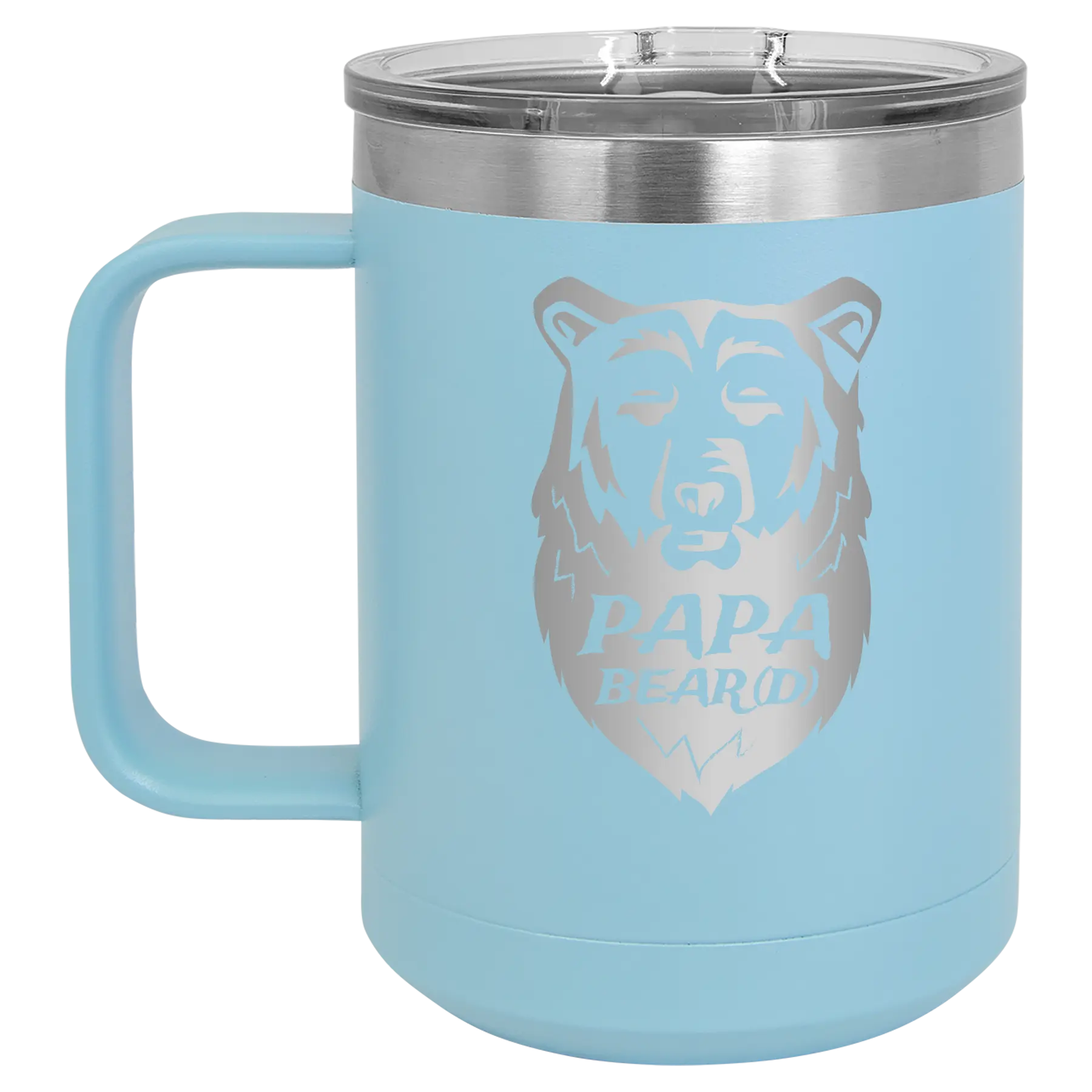 Laser etched light blue 15 oz vacuum insulated coffee mug with 'Papa Beard' design