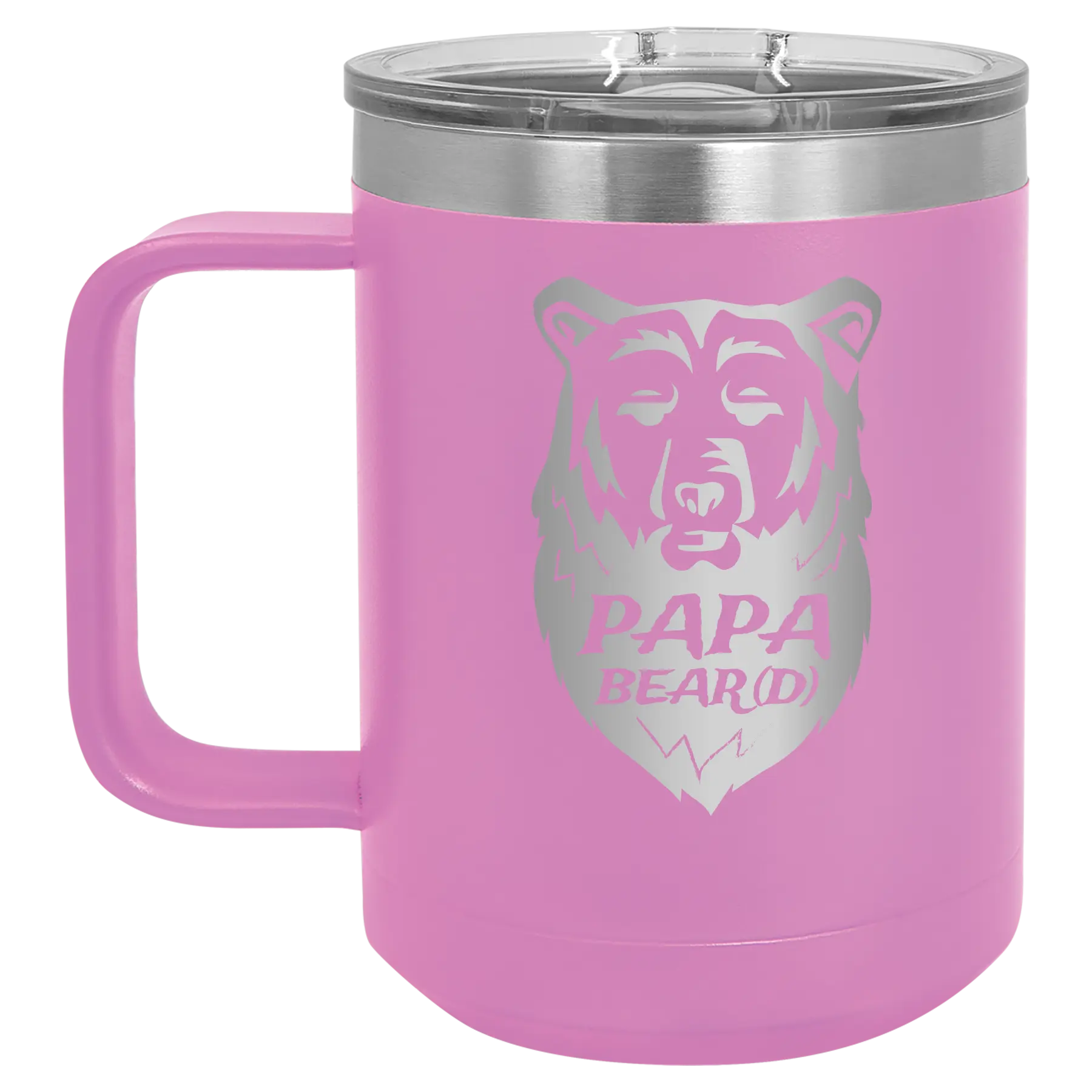 Laser etched light purple 15 oz vacuum insulated coffee mug with 'Papa Beard' design