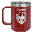 Laser etched maroon 15 oz vacuum insulated coffee mug with 'Papa Beard' design