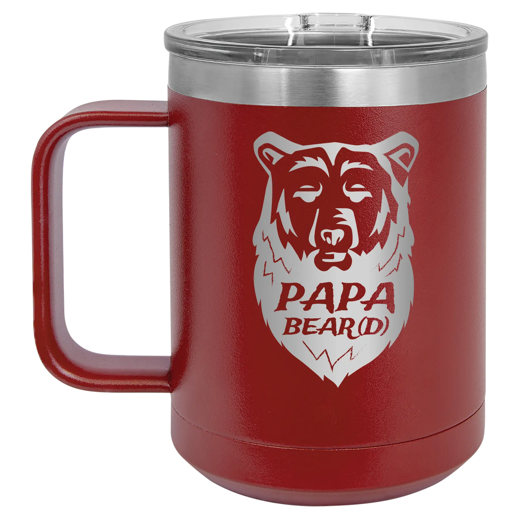 Laser etched maroon 15 oz vacuum insulated coffee mug with 'Papa Beard' design