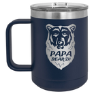 Laser etched navy 15 oz vacuum insulated coffee mug with 'Papa Beard' design