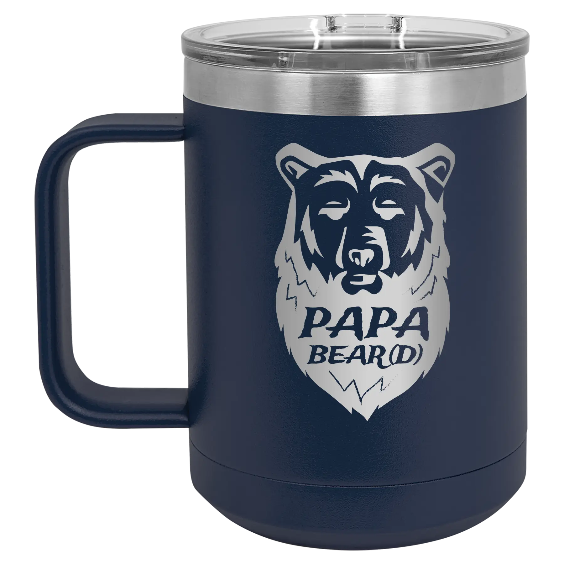 Laser etched navy 15 oz vacuum insulated coffee mug with 'Papa Beard' design