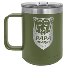 Laser etched olive green 15 oz vacuum insulated coffee mug with 'Papa Beard' design