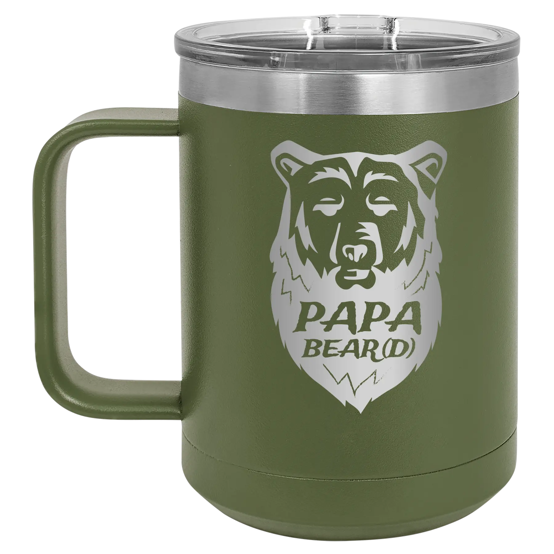Laser etched olive green 15 oz vacuum insulated coffee mug with 'Papa Beard' design