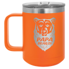 Laser etched orange 15 oz vacuum insulated coffee mug with 'Papa Beard' design