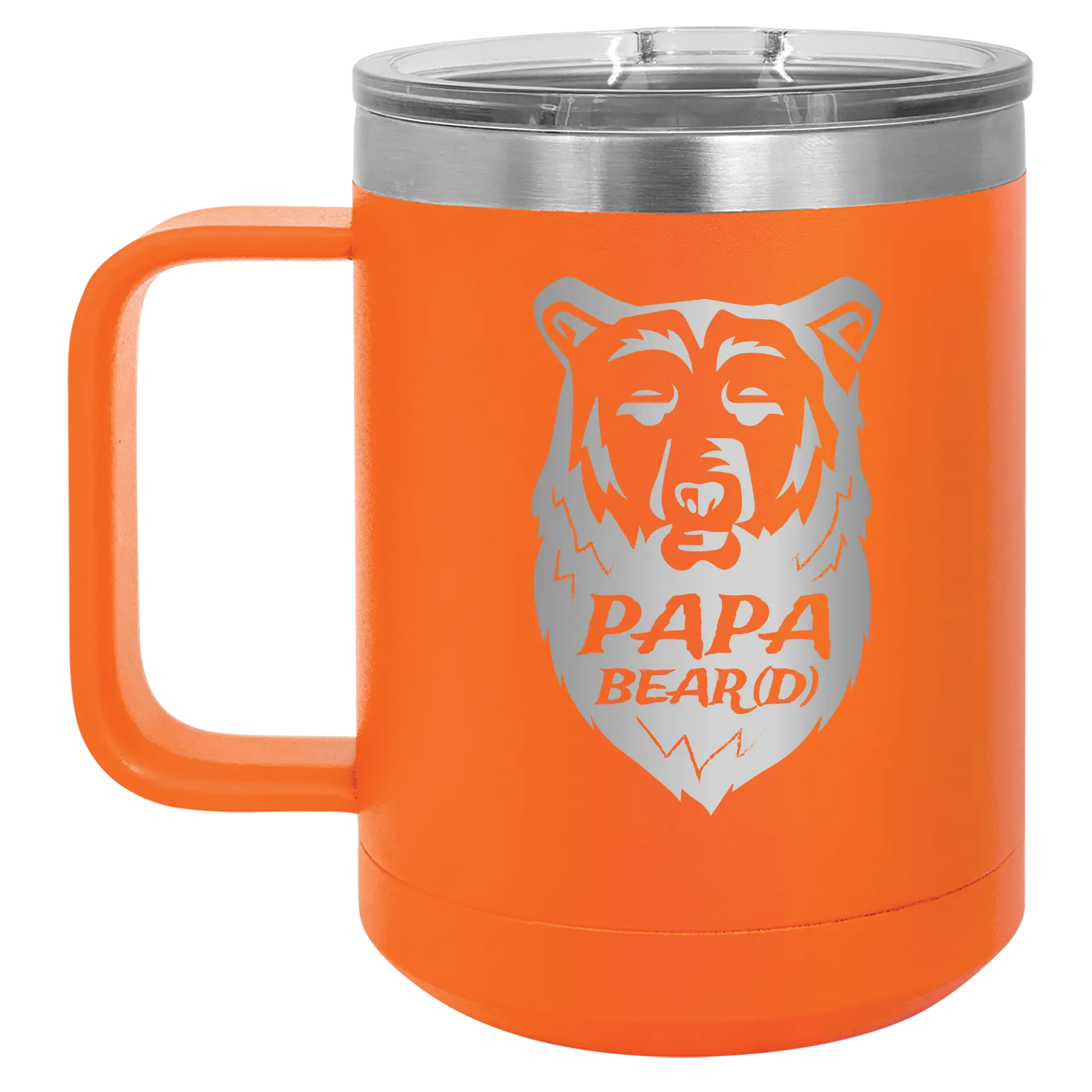 Laser etched orange 15 oz vacuum insulated coffee mug with 'Papa Beard' design