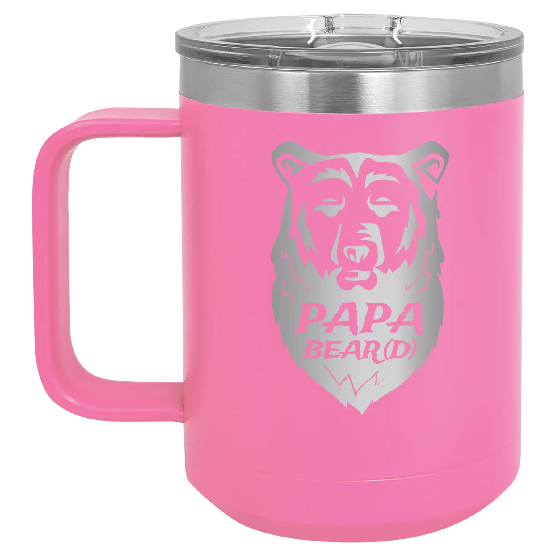 Laser etched pink 15 oz vacuum insulated coffee mug with 'Papa Beard' design