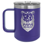 Laser etched purple 15 oz vacuum insulated coffee mug with 'Papa Beard' design