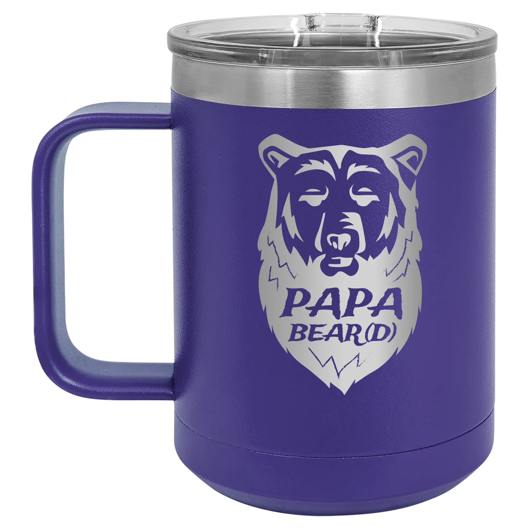 Laser etched purple 15 oz vacuum insulated coffee mug with 'Papa Beard' design