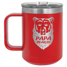 Laser etched red 15 oz vacuum insulated coffee mug with 'Papa Beard' design