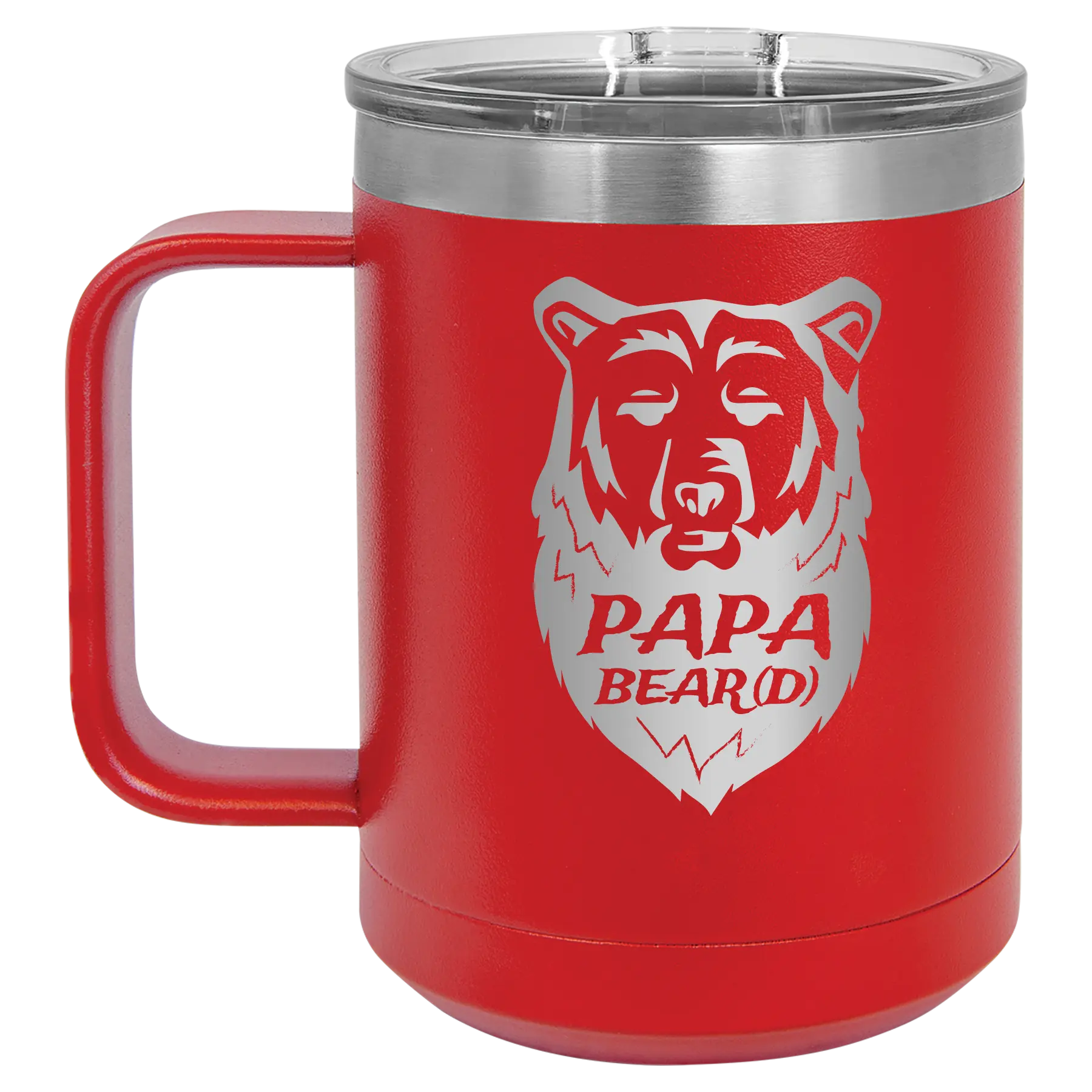 Laser etched red 15 oz vacuum insulated coffee mug with 'Papa Beard' design