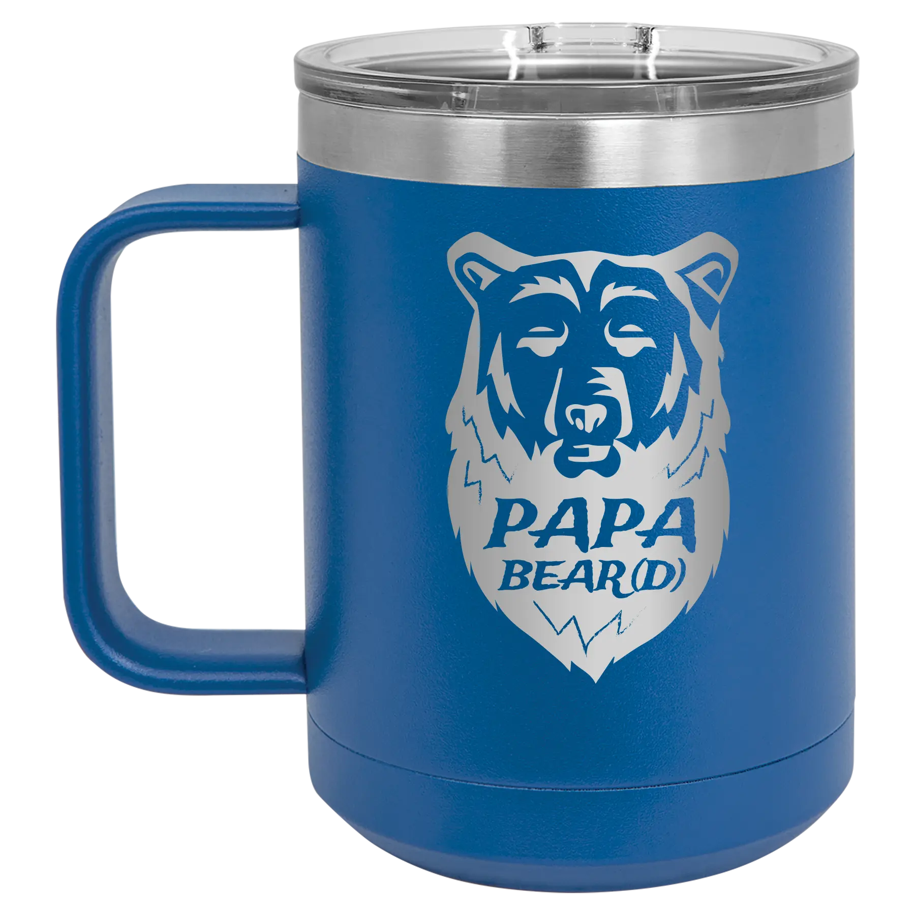 Laser etched royal blue 15 oz vacuum insulated coffee mug with 'Papa Beard' design