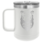 Laser etched white 15 oz vacuum insulated coffee mug with 'Papa Beard' design