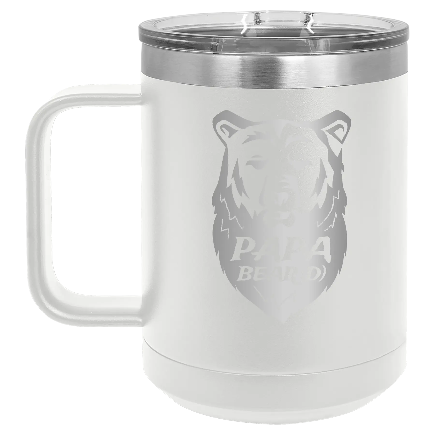 Laser etched white 15 oz vacuum insulated coffee mug with 'Papa Beard' design
