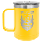 Laser etched yellow 15 oz vacuum insulated coffee mug with 'Papa Beard' design