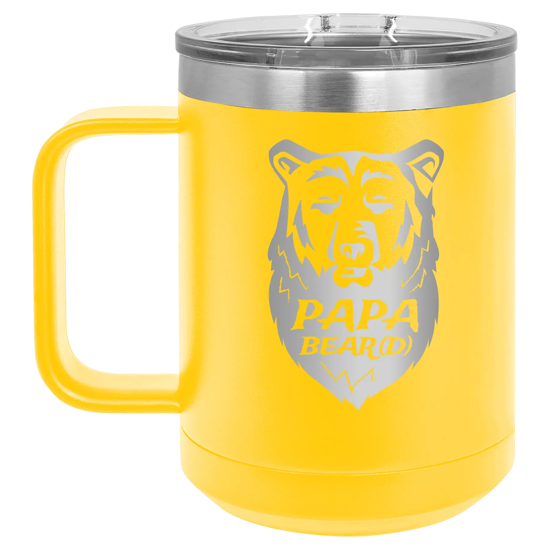 Laser etched yellow 15 oz vacuum insulated coffee mug with 'Papa Beard' design