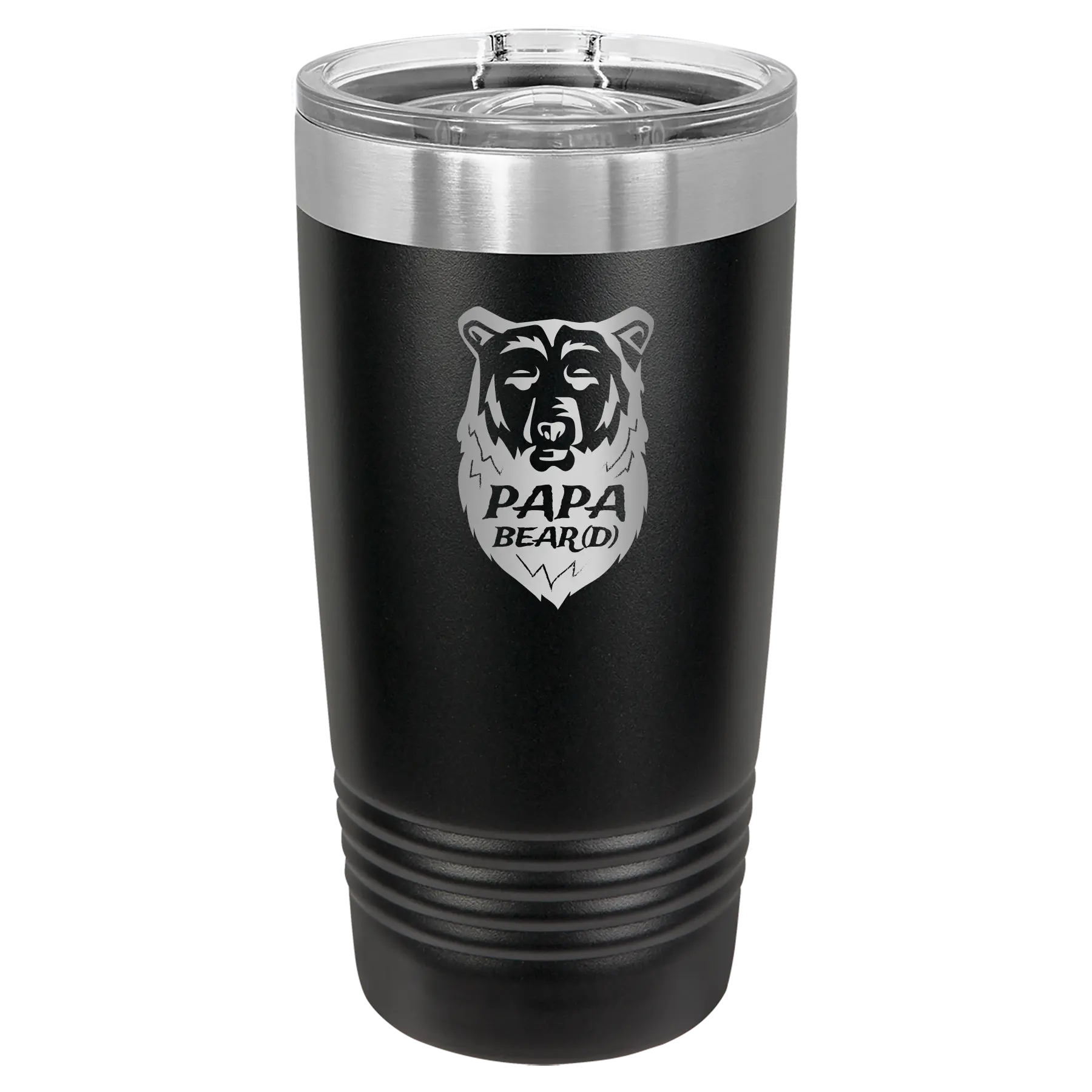 Laser etched black 20 oz vacuum insulated tumbler with 'Papa Beard' design