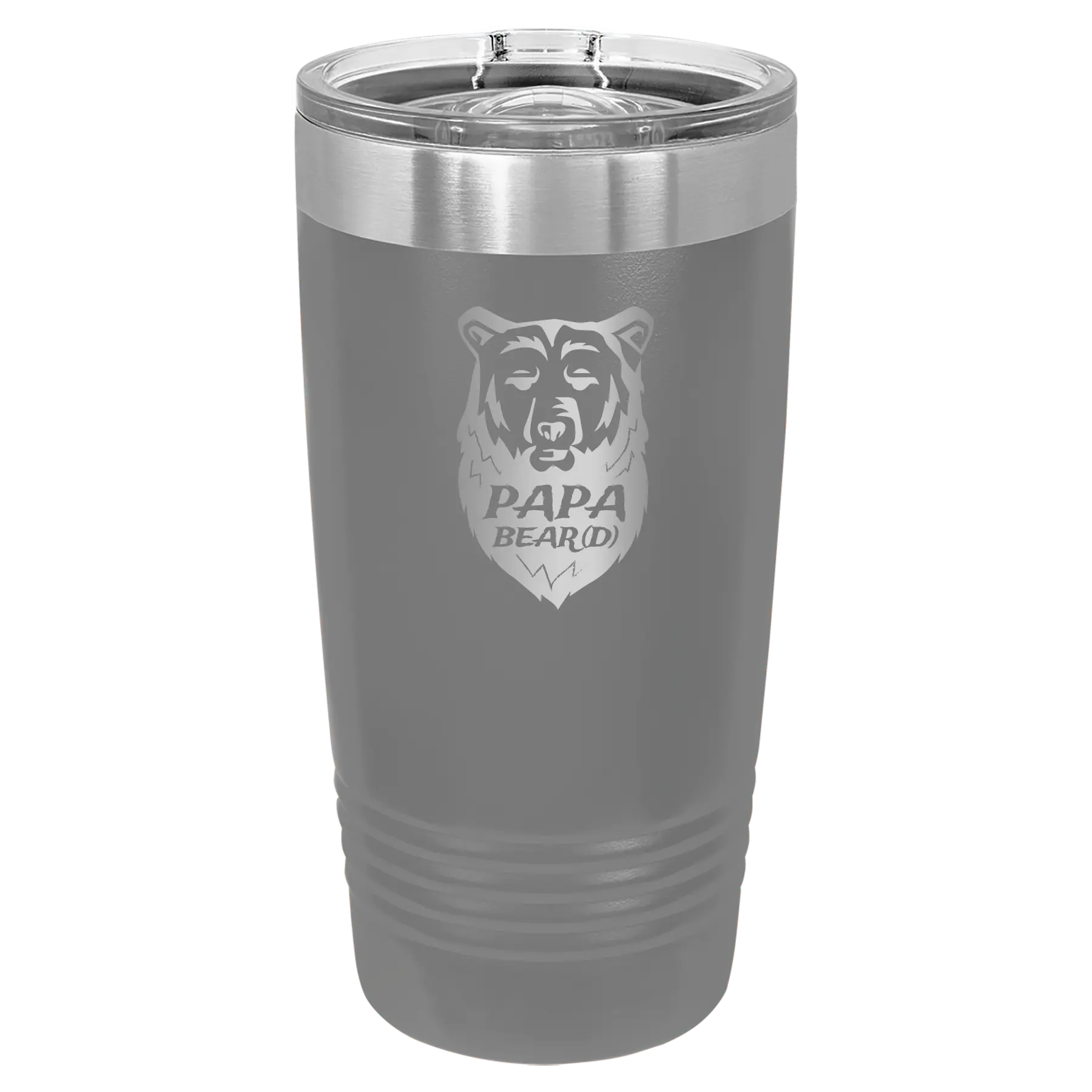 Laser etched dark gray 20 oz vacuum insulated tumbler with 'Papa Beard' design