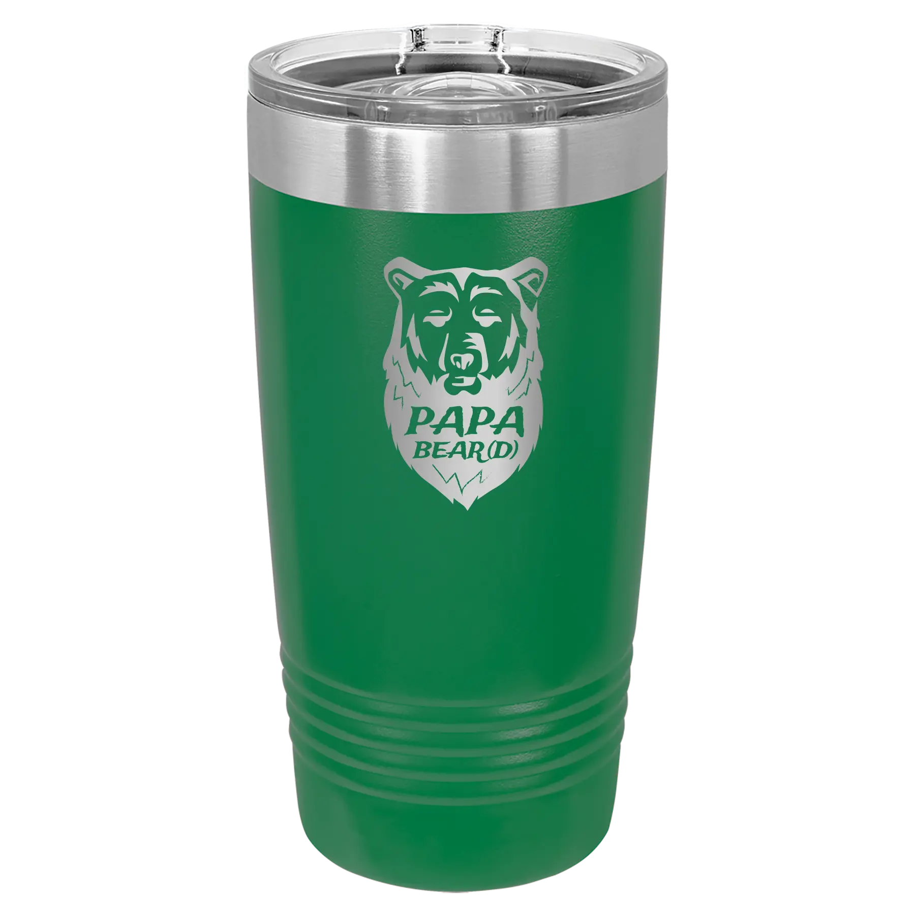 Laser etched green 20 oz vacuum insulated tumbler with 'Papa Beard' design
