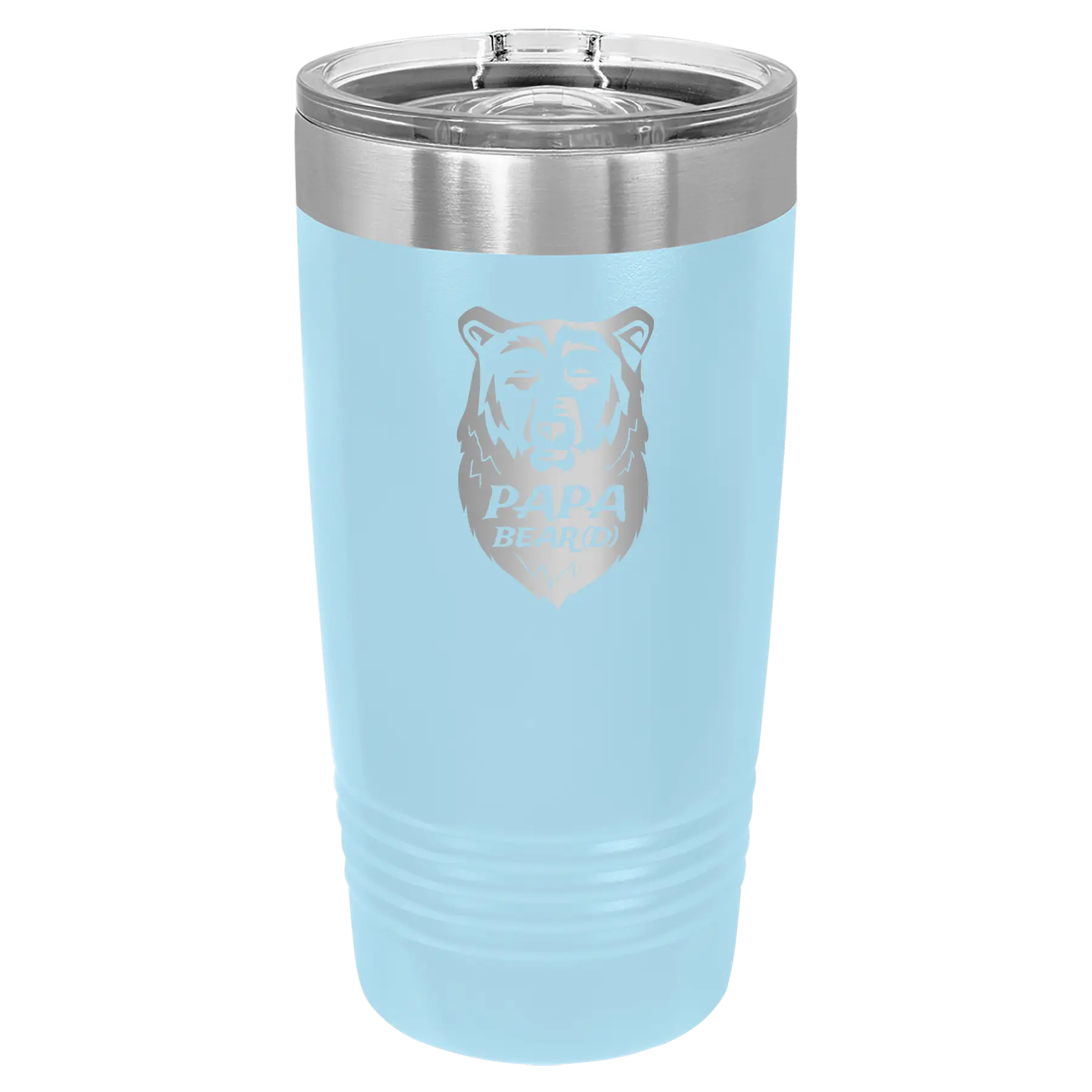 Laser etched light blue 20 oz vacuum insulated tumbler with 'Papa Beard' design