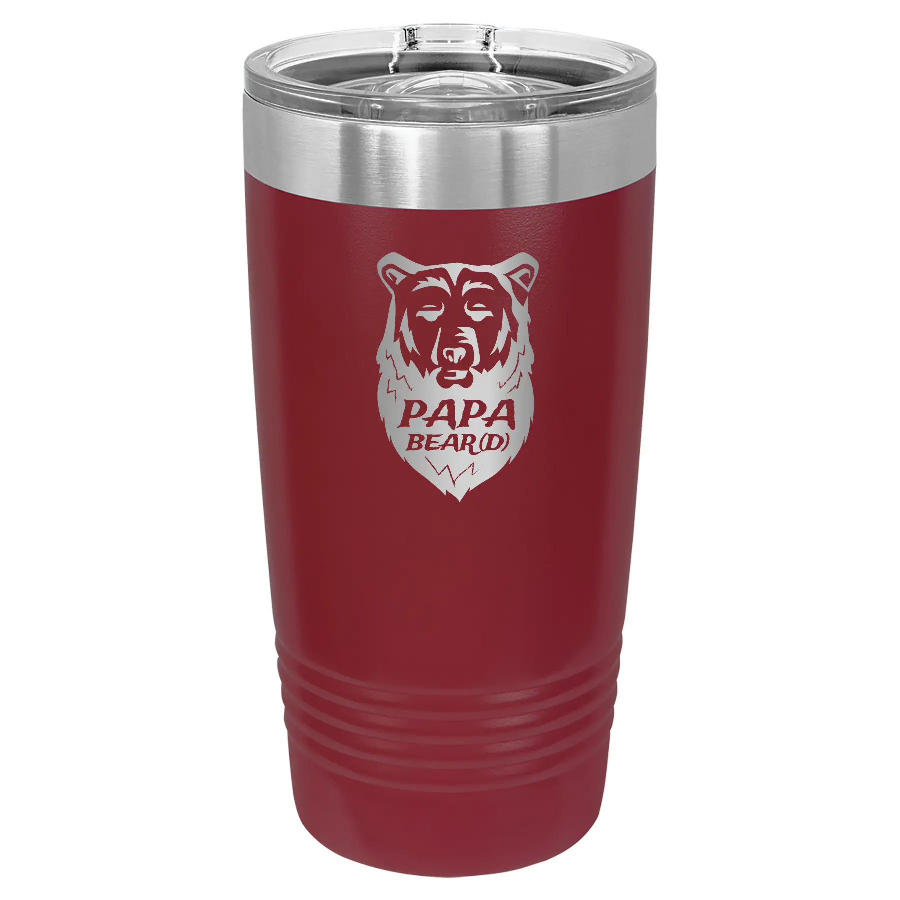 Laser etched maroon 20 oz vacuum insulated tumbler with 'Papa Beard' design