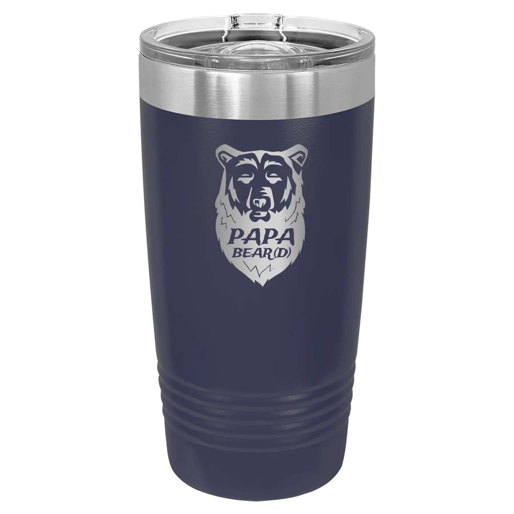 Laser etched navy 20 oz vacuum insulated tumbler with 'Papa Beard' design