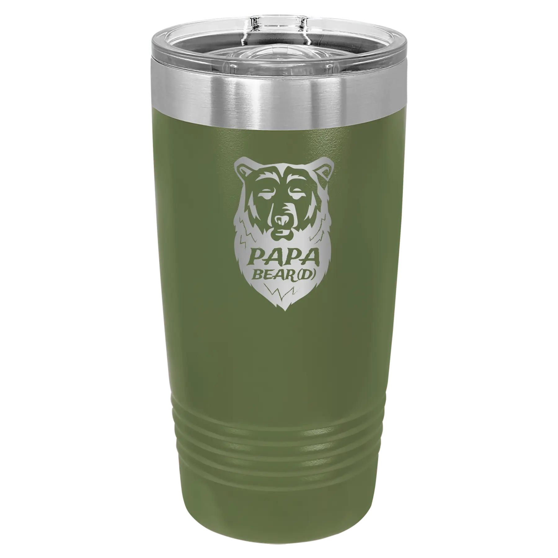 Laser etched olive green 20 oz vacuum insulated tumbler with 'Papa Beard' design