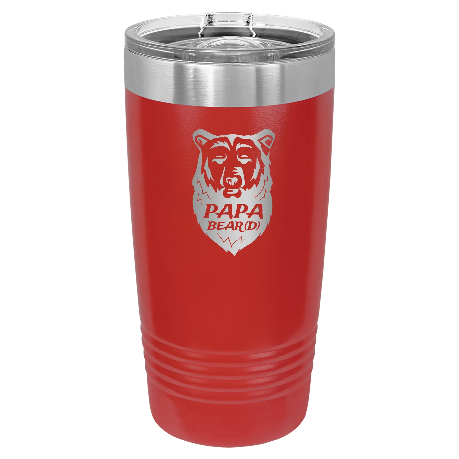 Laser etched red 20 oz vacuum insulated tumbler with 'Papa Beard' design