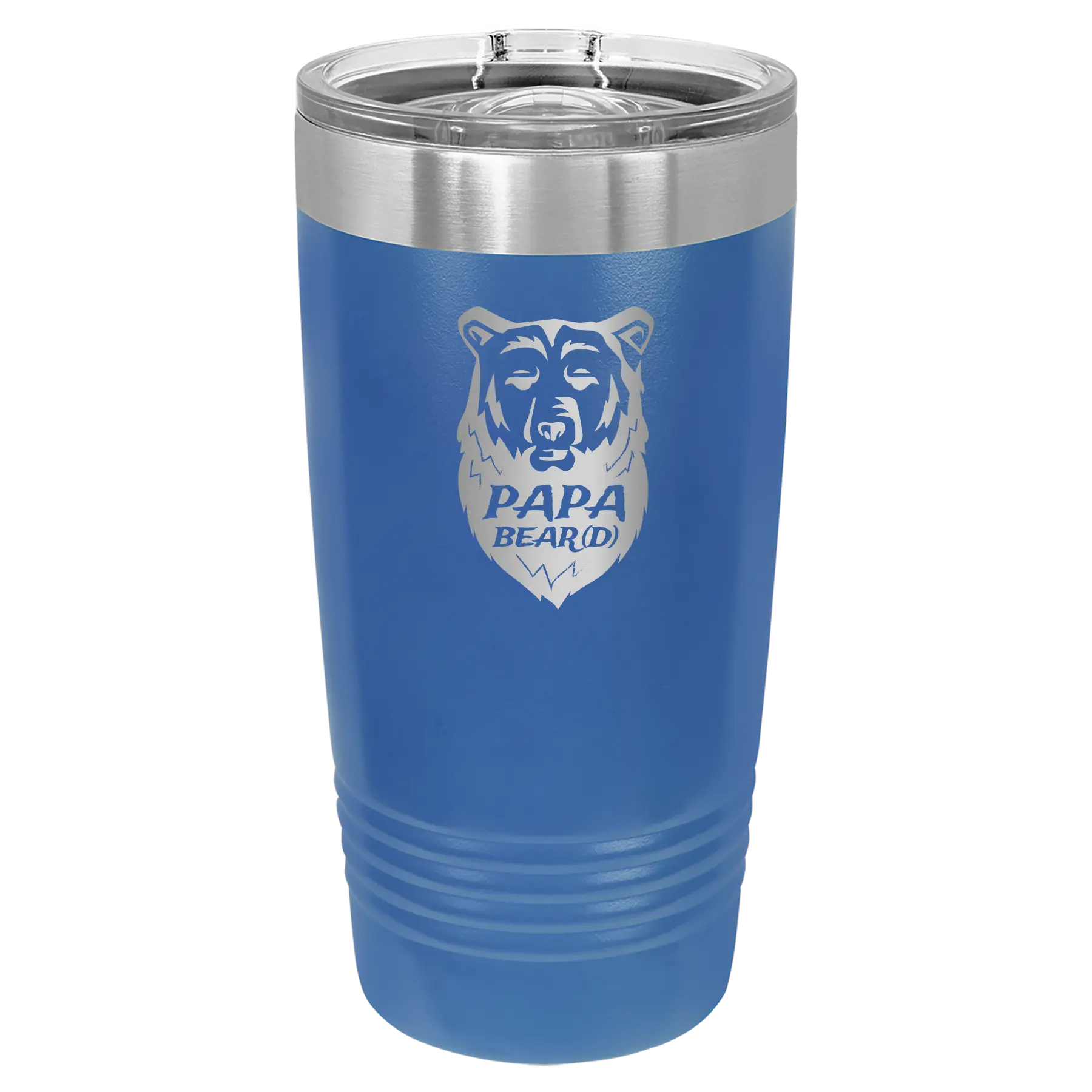 Laser etched royal blue 20 oz vacuum insulated tumbler with 'Papa Beard' design