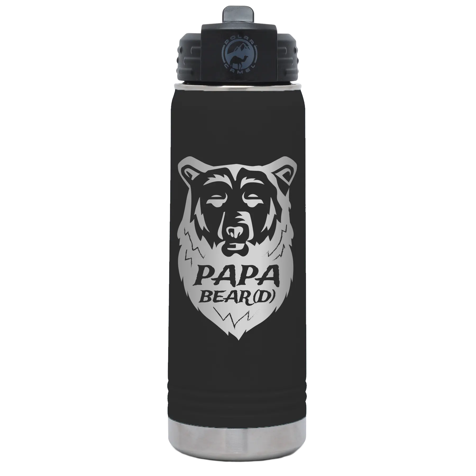 Laser etched black 20 oz vacuum insulated water bottle with 'Papa Beard' design