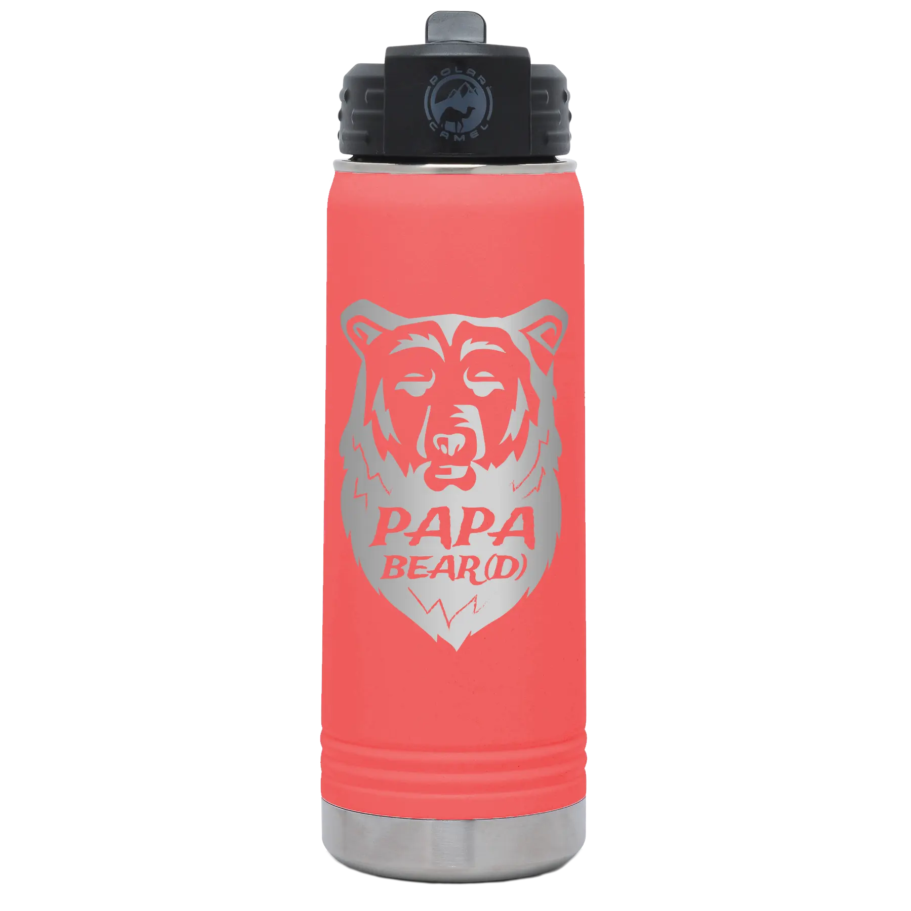 Laser etched coral 20 oz vacuum insulated water bottle with 'Papa Beard' design