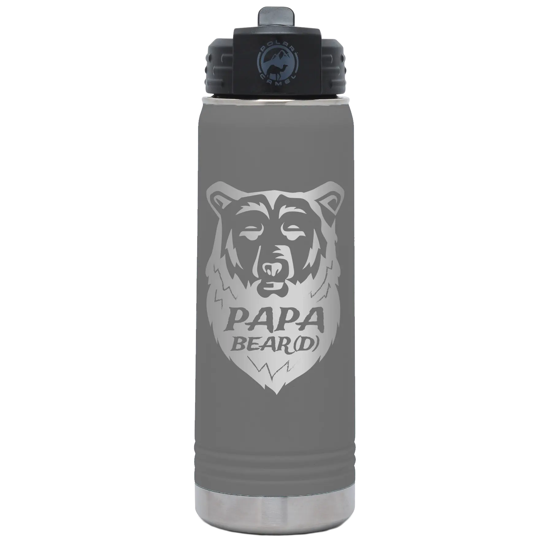 Laser etched dark gray 20 oz vacuum insulated water bottle with 'Papa Beard' design