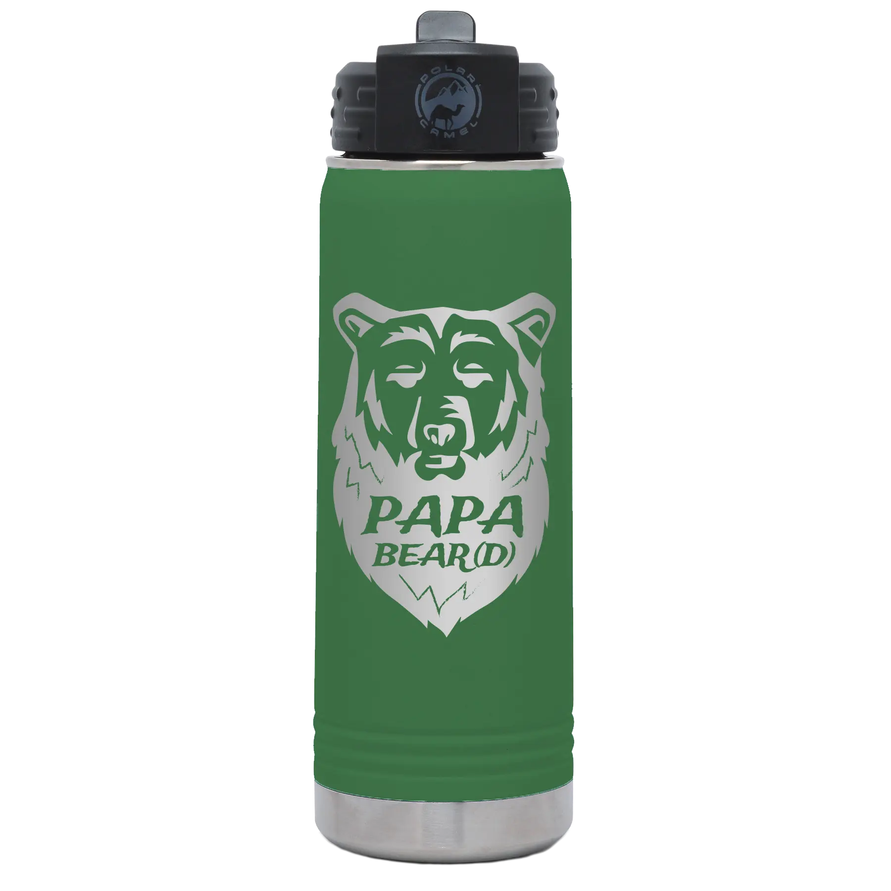 Laser etched green 20 oz vacuum insulated water bottle with 'Papa Beard' design