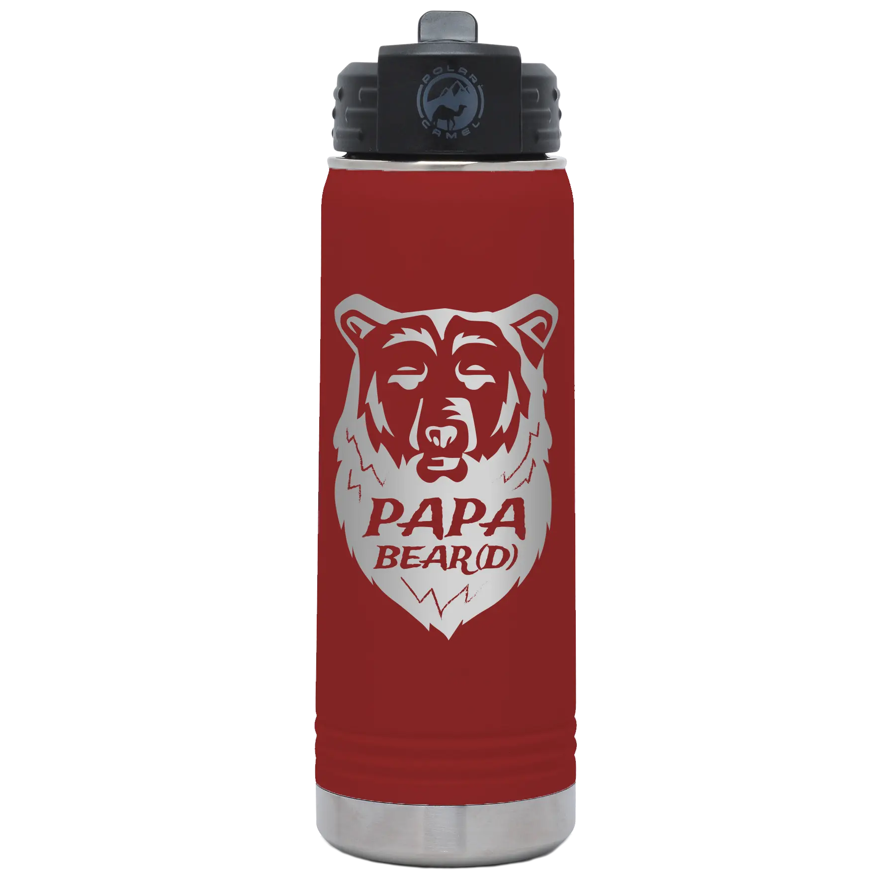 Laser etched maroon 20 oz vacuum insulated water bottle with 'Papa Beard' design