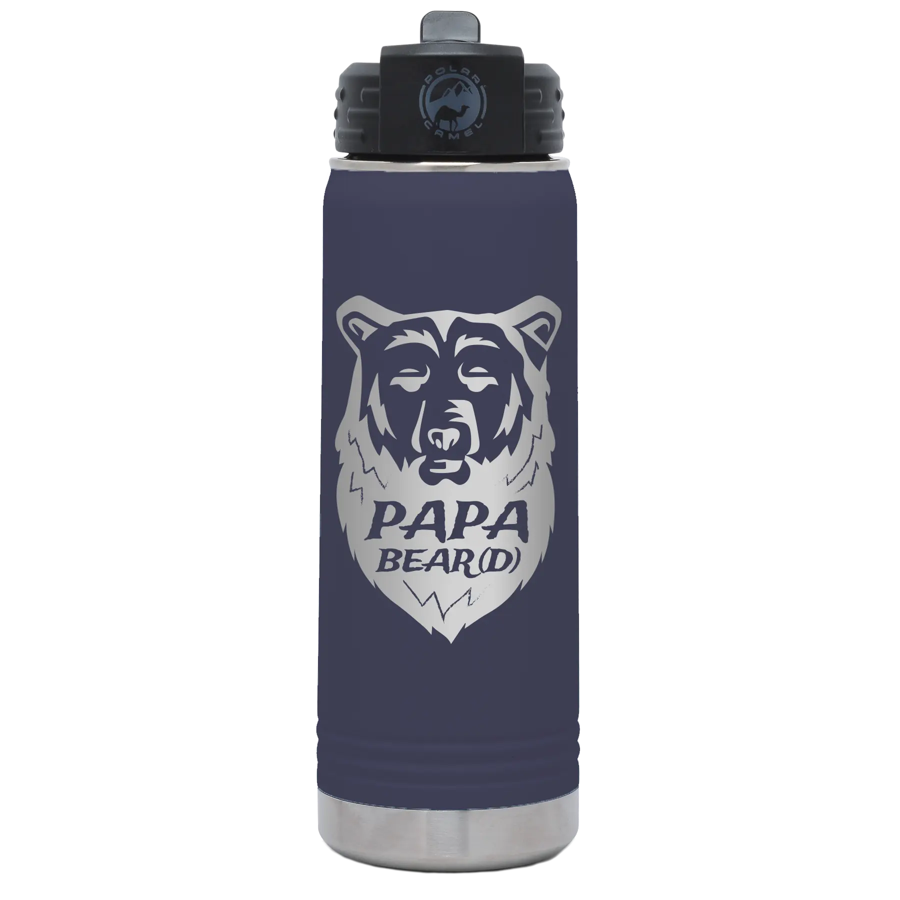 Laser etched navy 20 oz vacuum insulated water bottle with 'Papa Beard' design