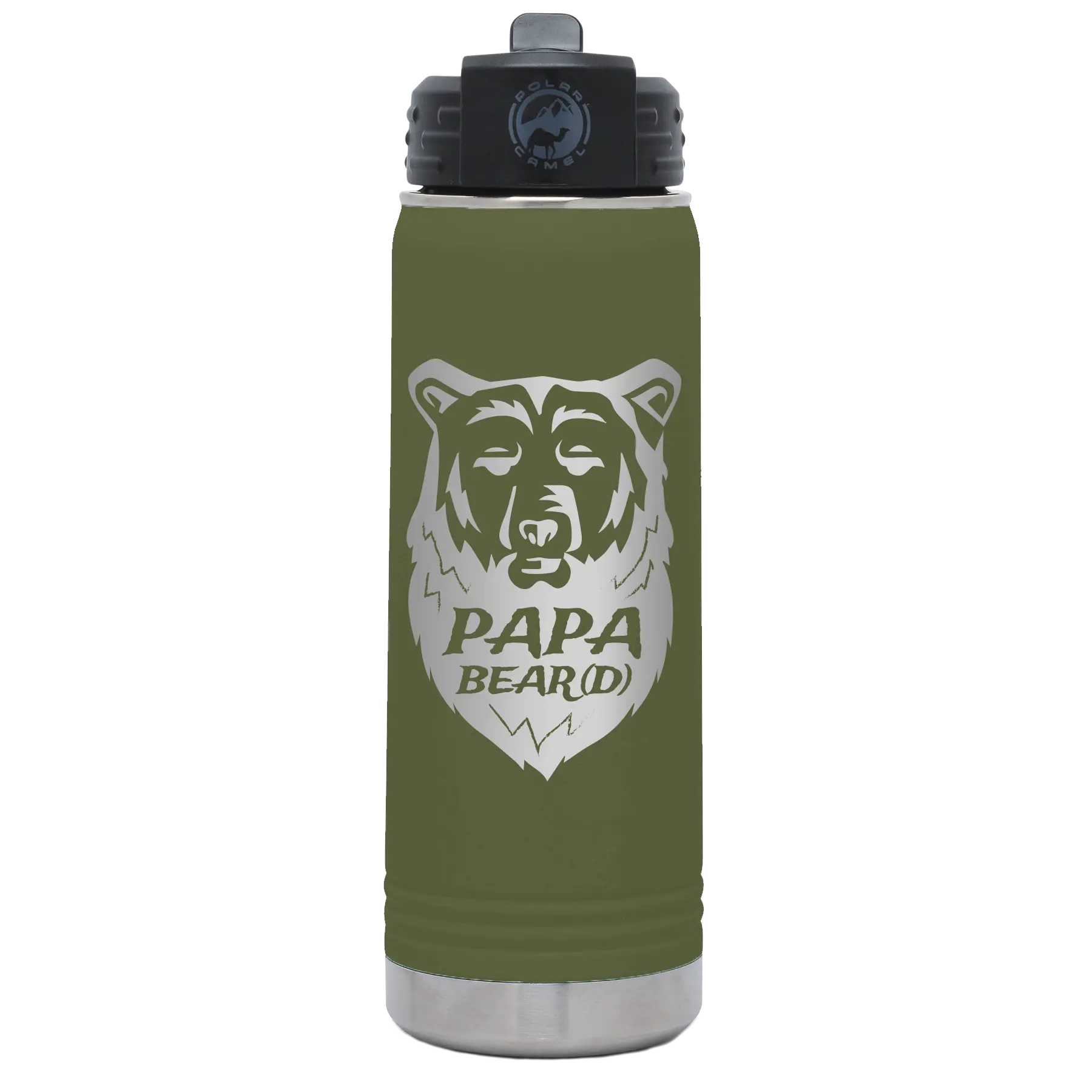Laser etched olive green 20 oz vacuum insulated water bottle with 'Papa Beard' design
