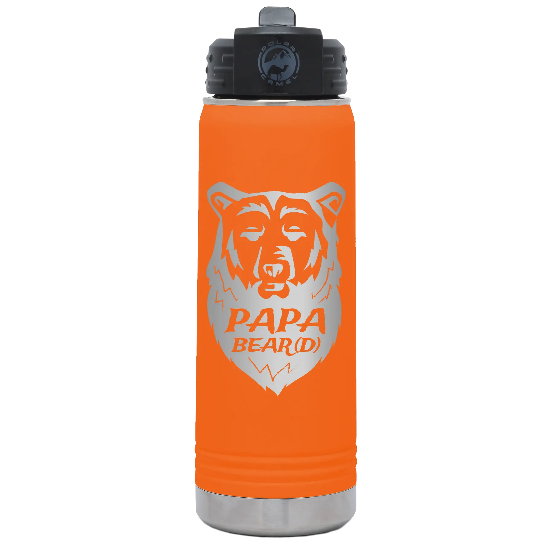 Laser etched orange 20 oz vacuum insulated water bottle with 'Papa Beard' design
