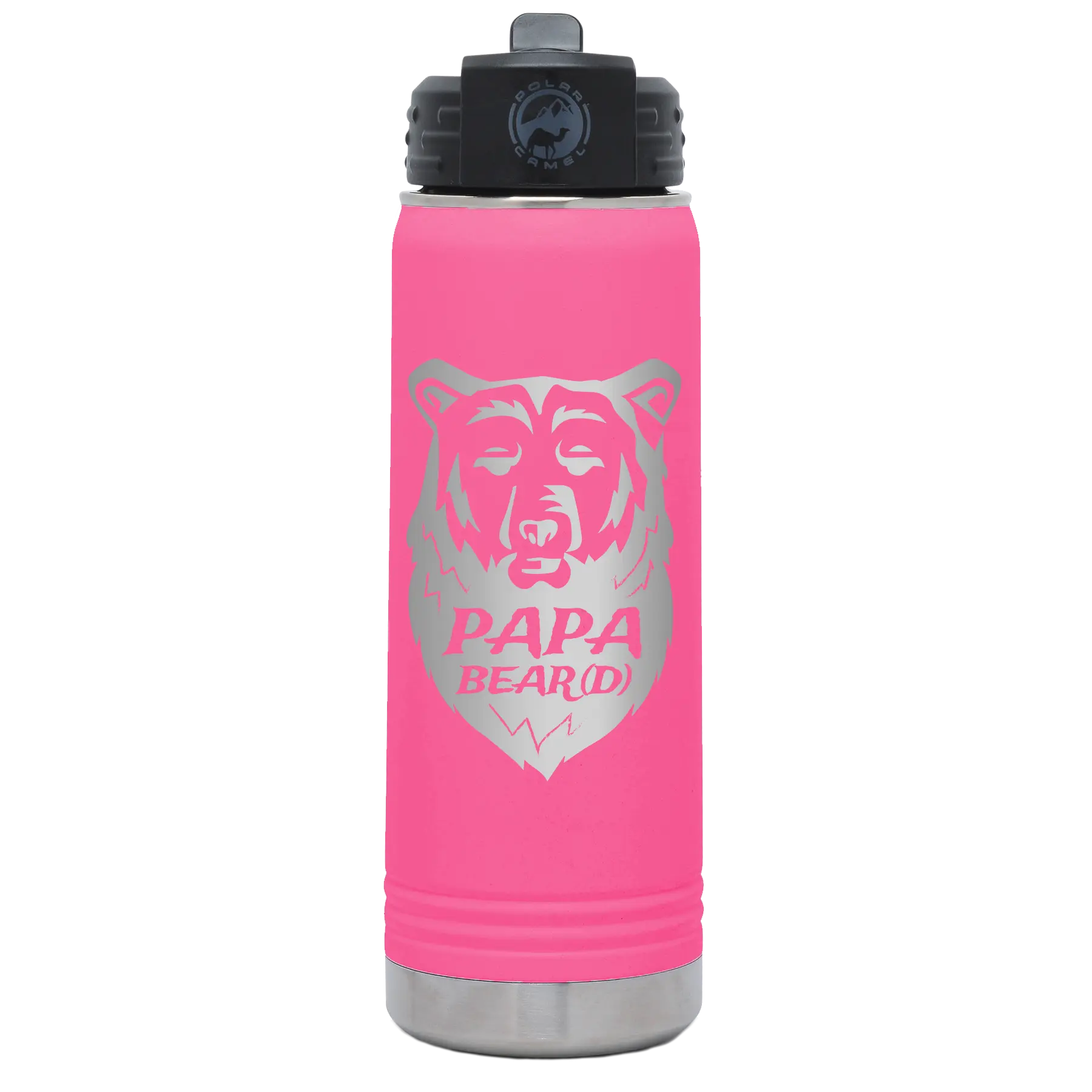 Laser etched pink 20 oz vacuum insulated water bottle with 'Papa Beard' design
