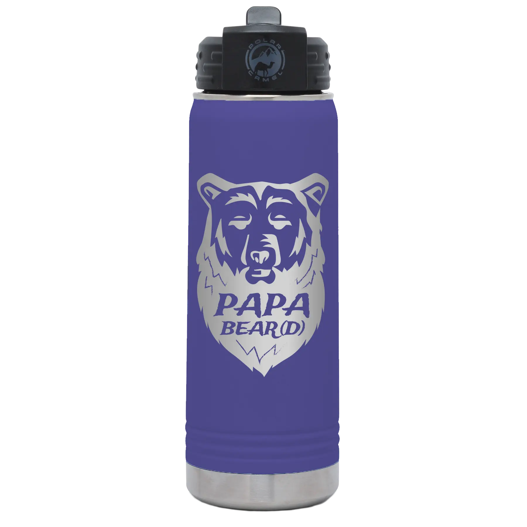 Laser etched purple 20 oz vacuum insulated water bottle with 'Papa Beard' design