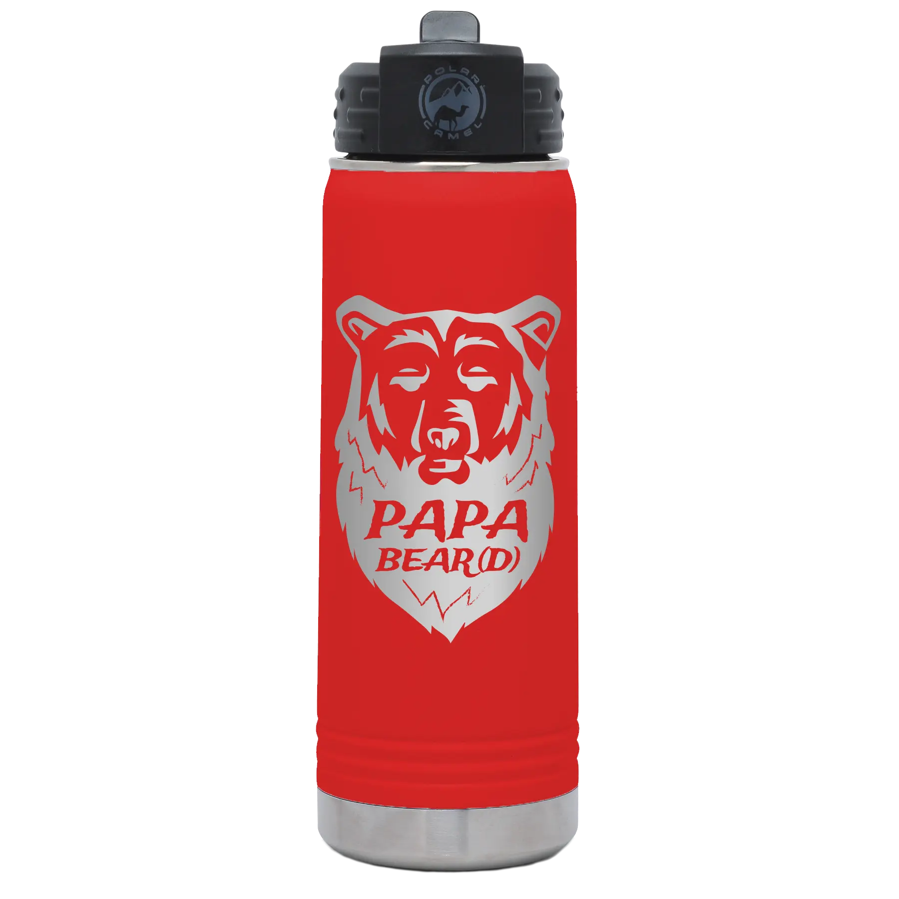 Laser etched red 20 oz vacuum insulated water bottle with 'Papa Beard' design