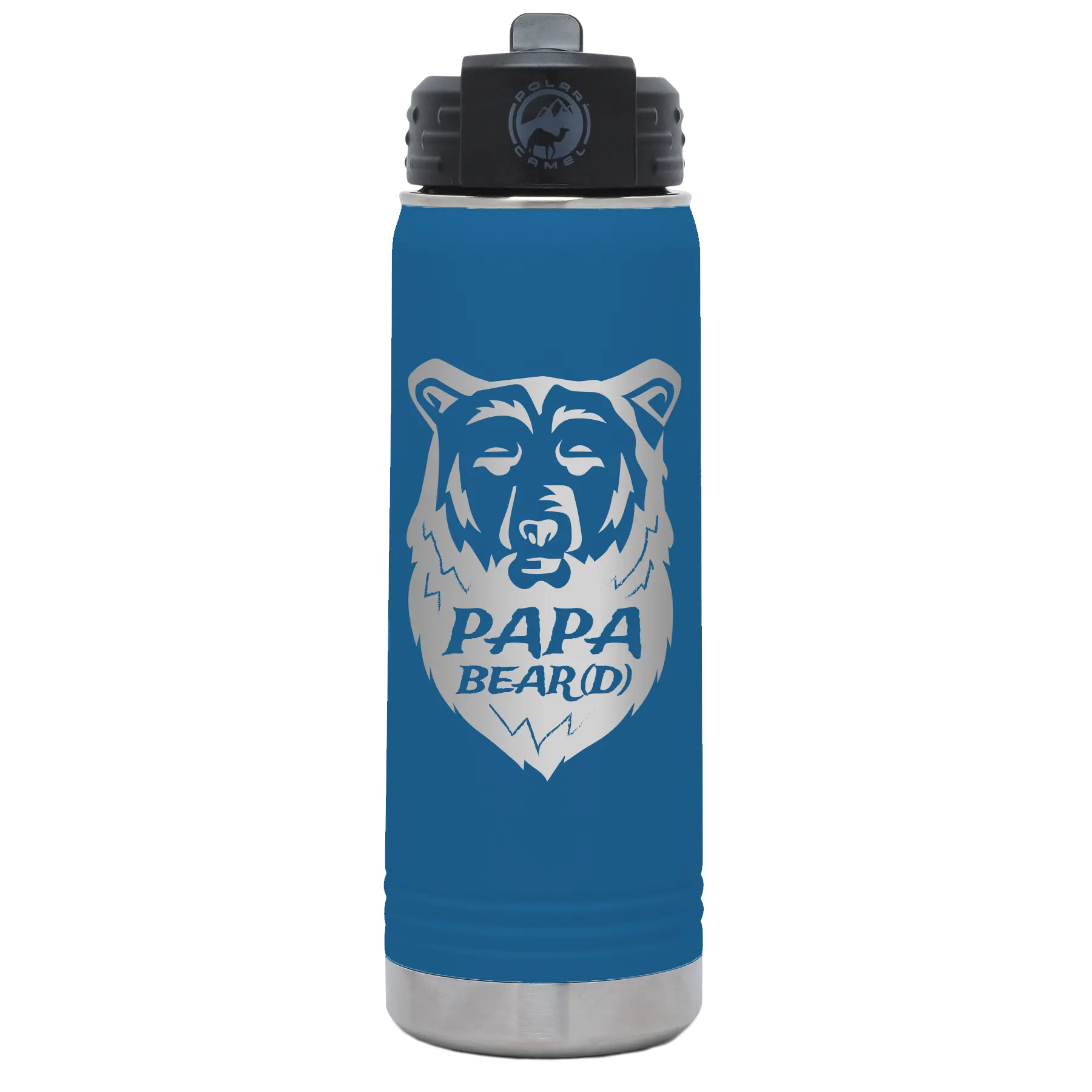 Laser etched royal blue 20 oz vacuum insulated water bottle with 'Papa Beard' design