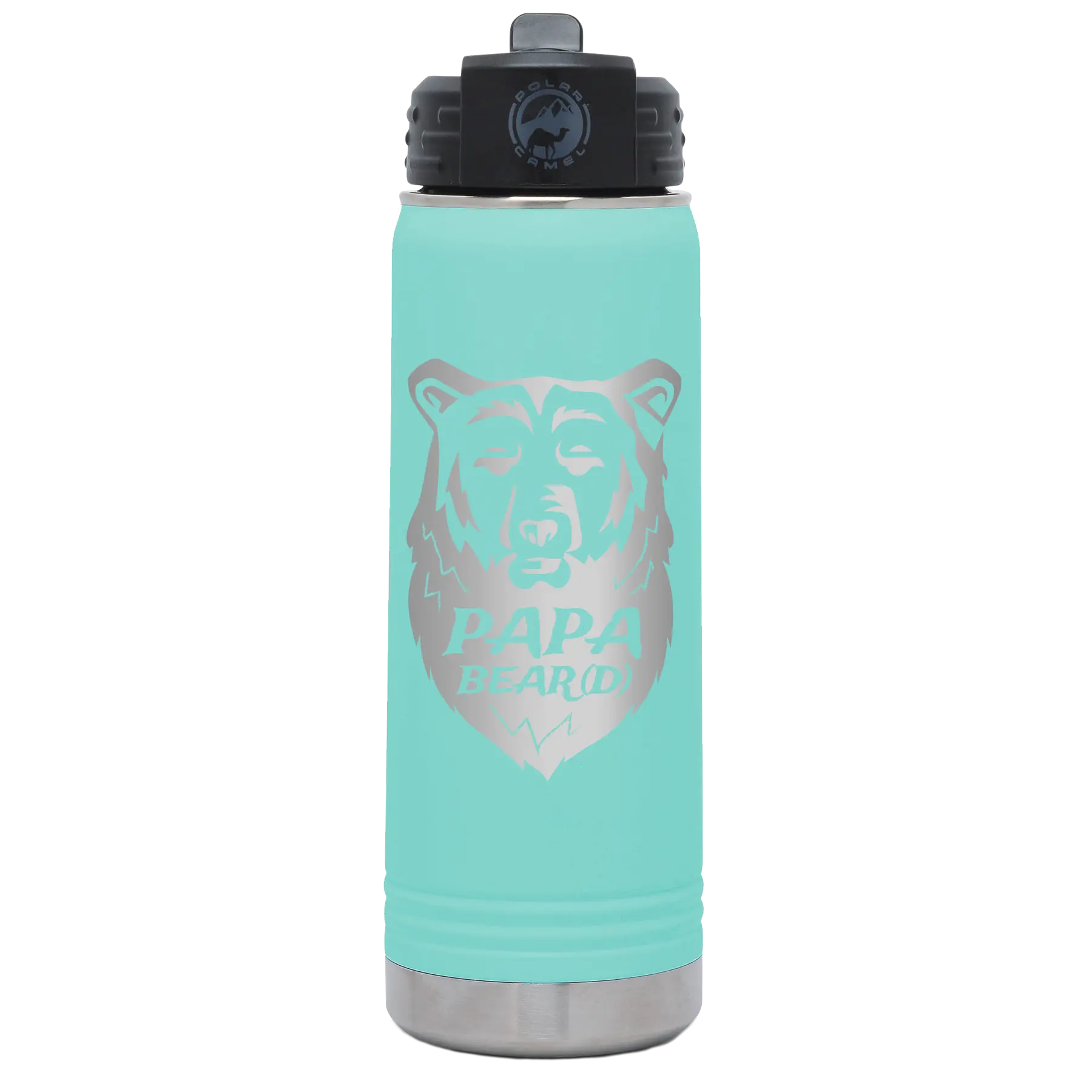 Laser etched teal 20 oz vacuum insulated water bottle with 'Papa Beard' design