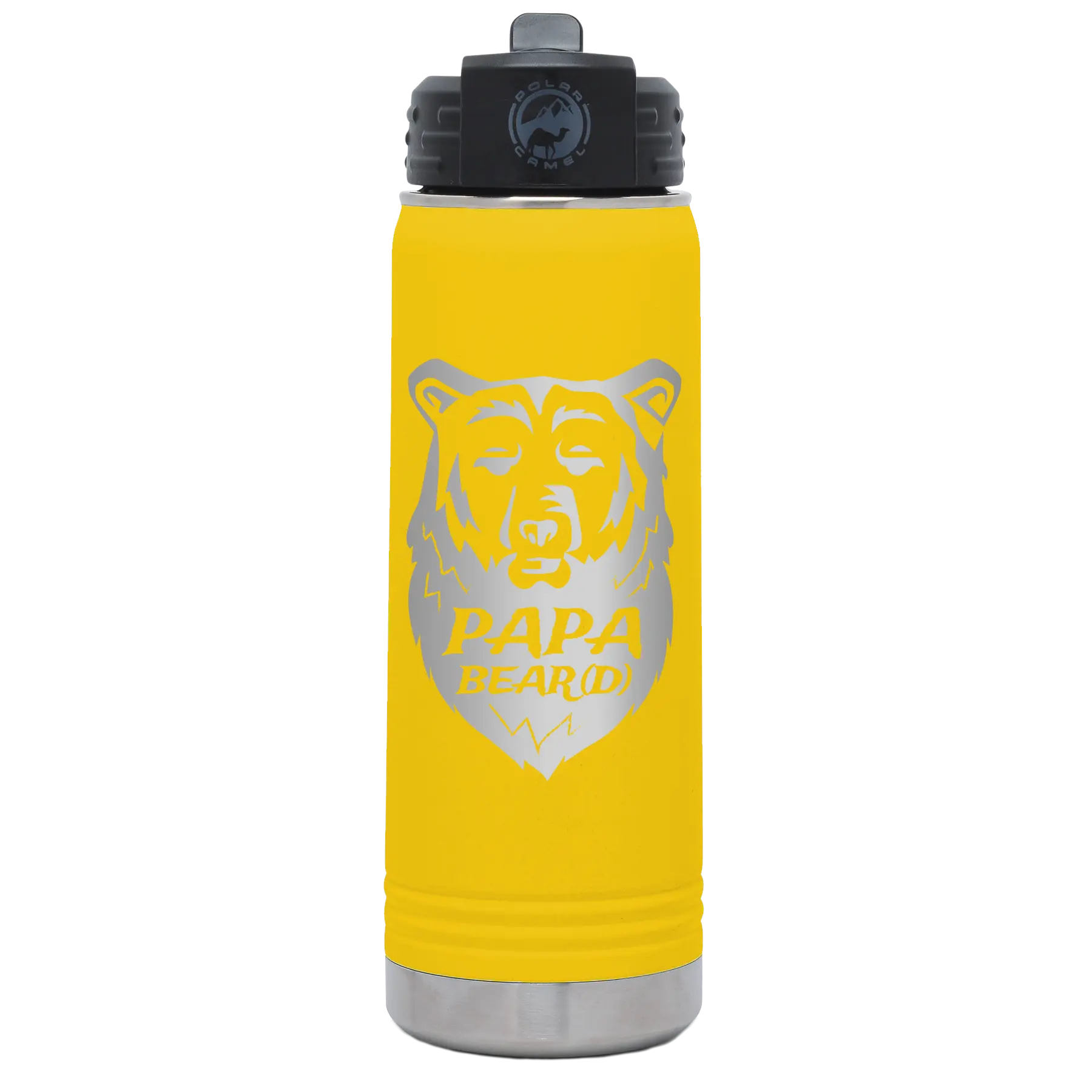 Laser etched yellow 20 oz vacuum insulated water bottle with 'Papa Beard' design
