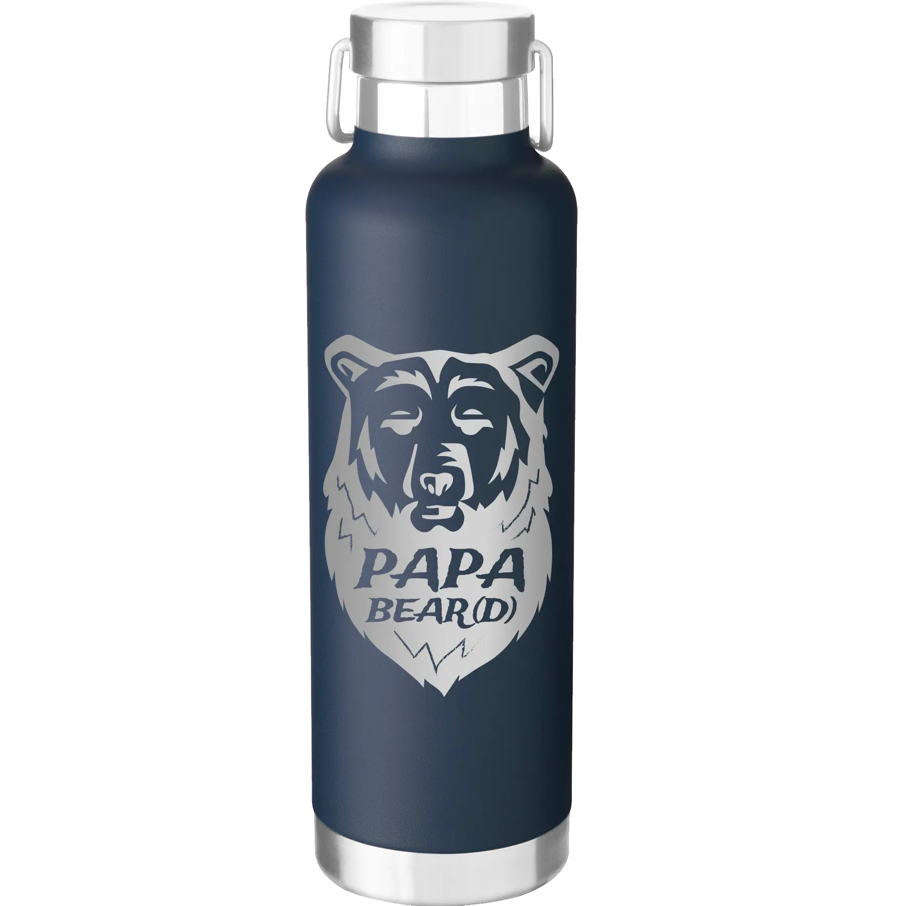 Laser etched navy 24 oz vacuum insulated water bottle with 'Papa Beard' design