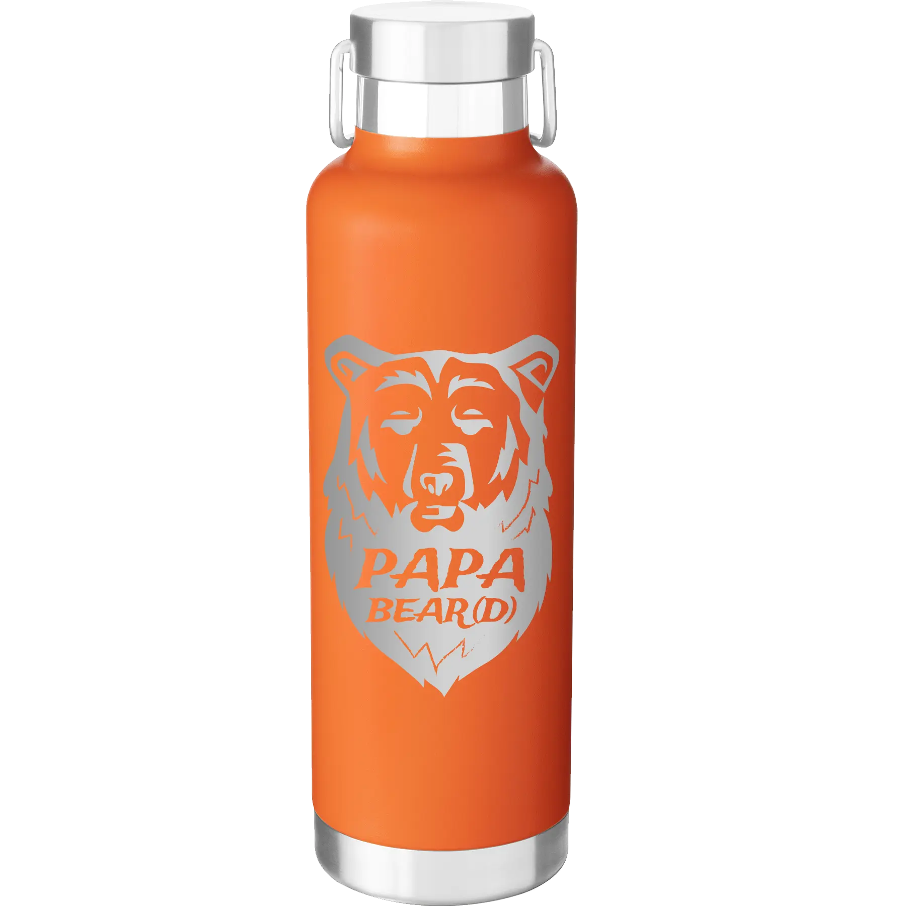 Laser etched orange 24 oz vacuum insulated water bottle with 'Papa Beard' design