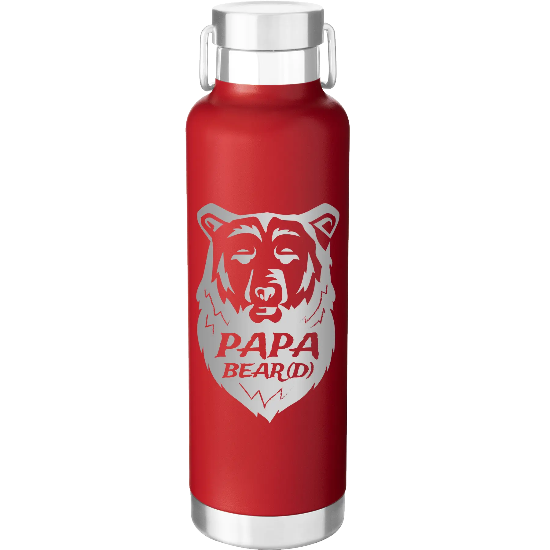 Laser etched red 24 oz vacuum insulated water bottle with 'Papa Beard' design