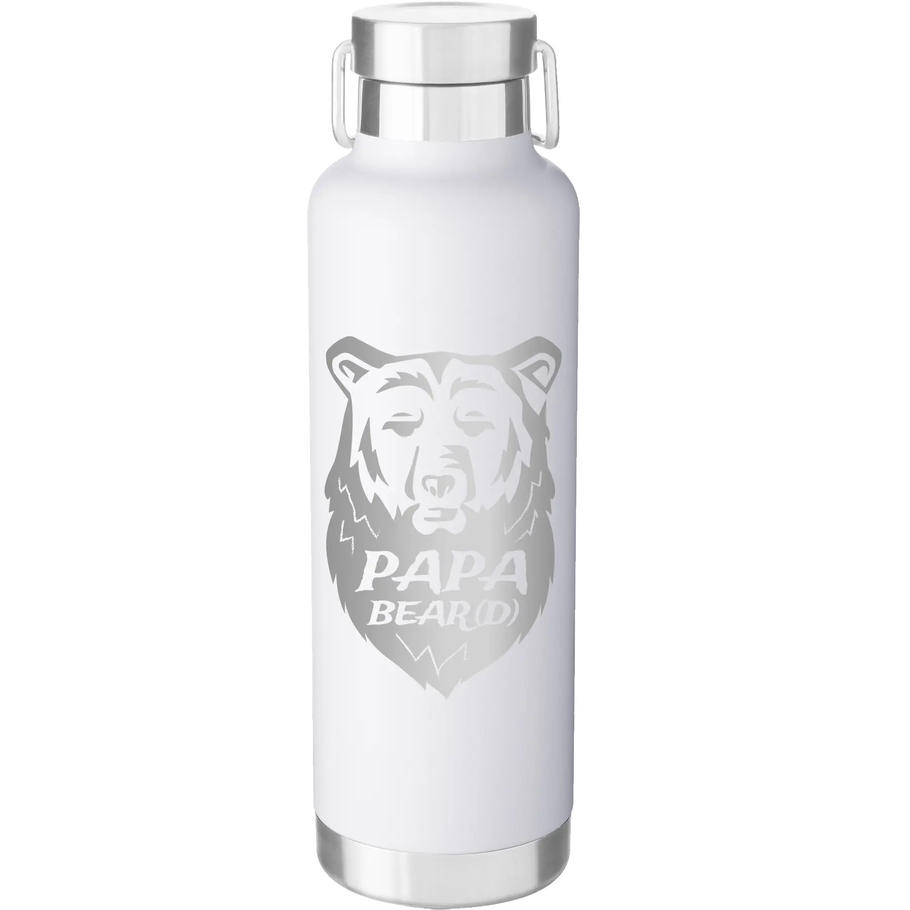 Laser etched white 24 oz vacuum insulated water bottle with 'Papa Beard' design