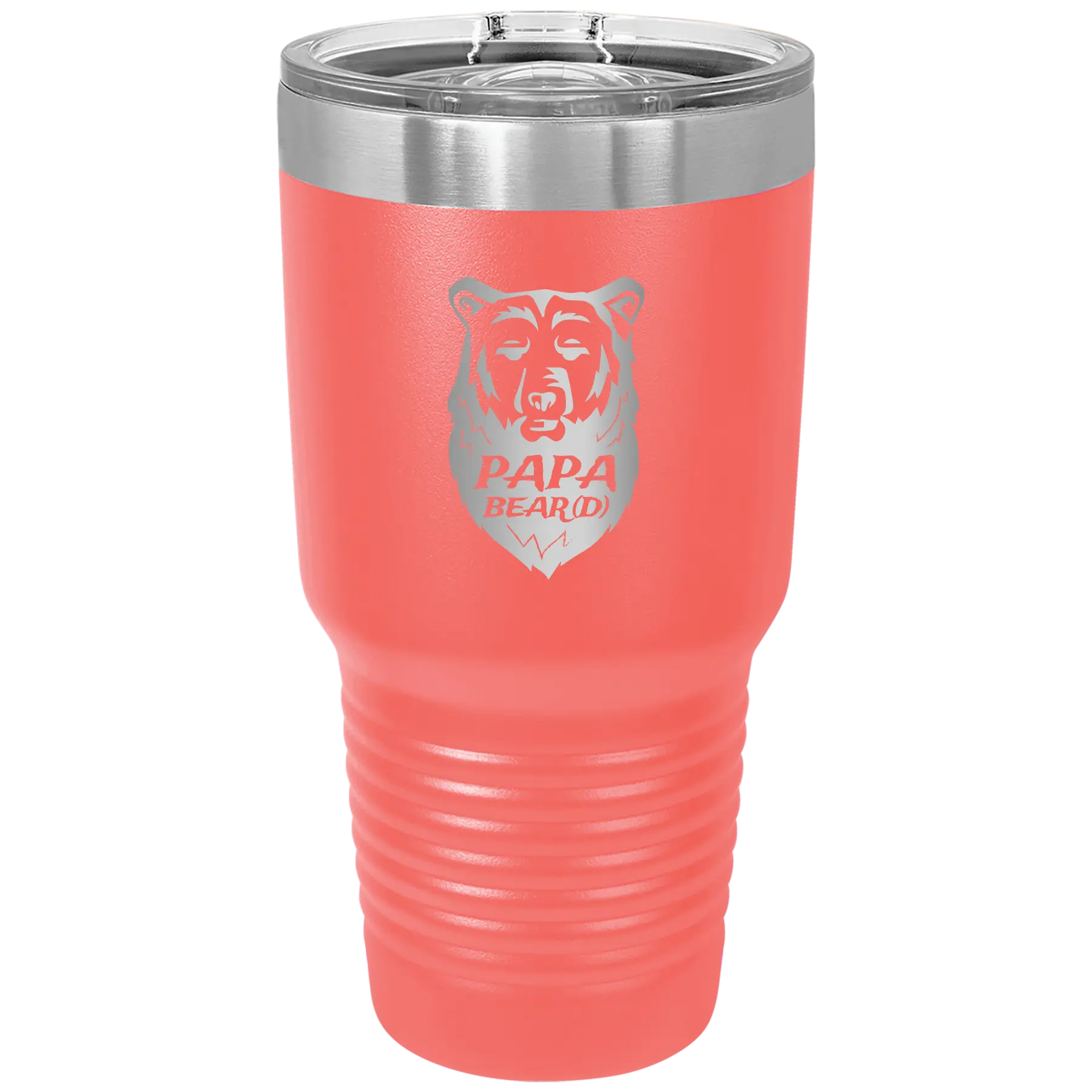 Laser etched coral 30 oz vacuum insulated tumbler with 'Papa Beard' design