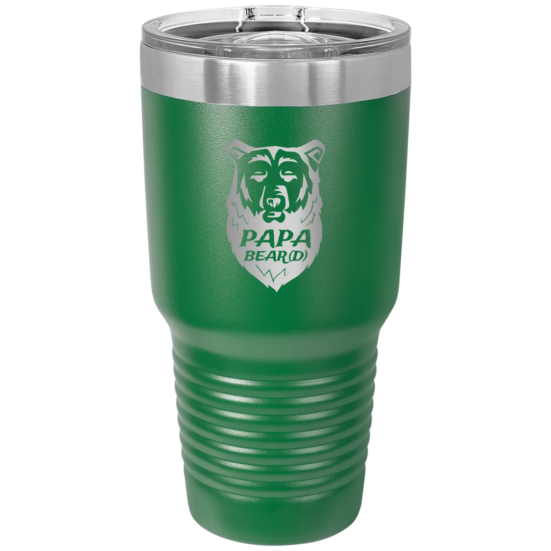 Laser etched green 30 oz vacuum insulated tumbler with 'Papa Beard' design