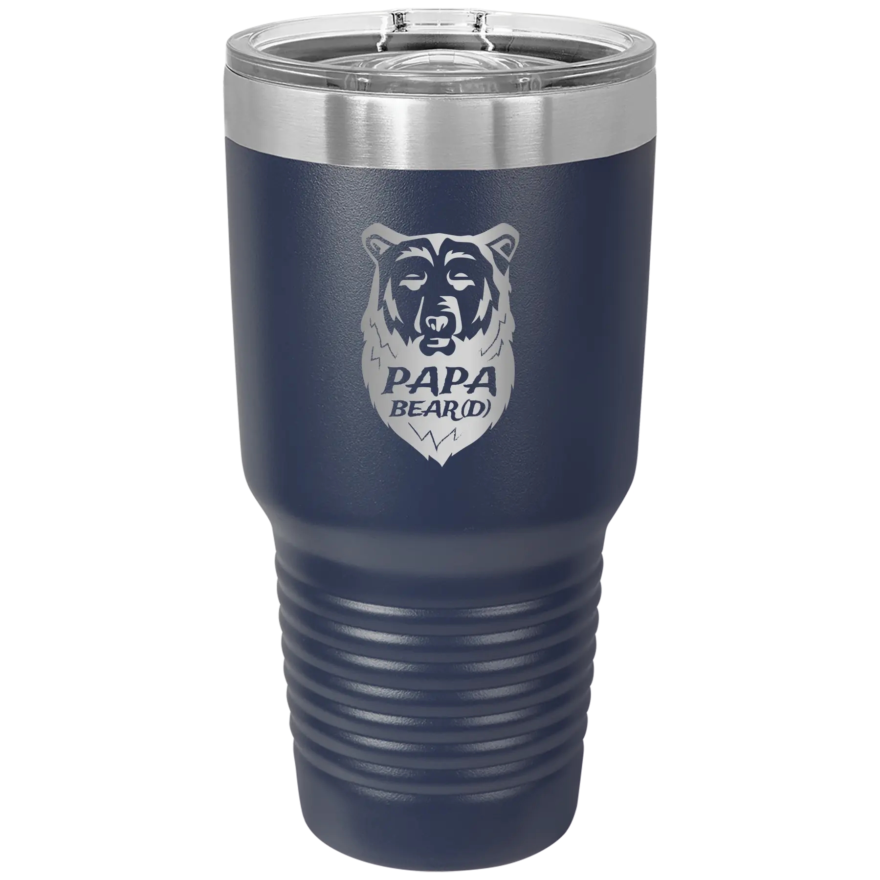 Laser etched navy 30 oz vacuum insulated tumbler with 'Papa Beard' design